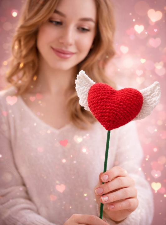 KNOTZIE Handmade Crochet Heart with Angel Wings | Forever Love Flower | Valentine & Anniversary Gift | Eco-Friendly