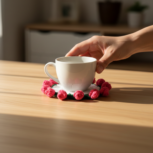KNOTZIE Handmade Crochet Floral Coaster Set | Tea and Coffee Cup Mat | Rose Border Table Decor