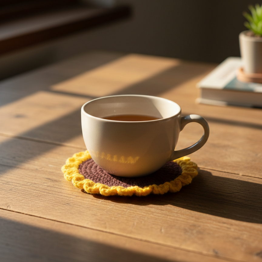 KNOTZIE Handmade Crochet Sunflower Tea and Coffee Coaster Set | Heat Resistant Table Mat | Cute Home and Kitchen Decor