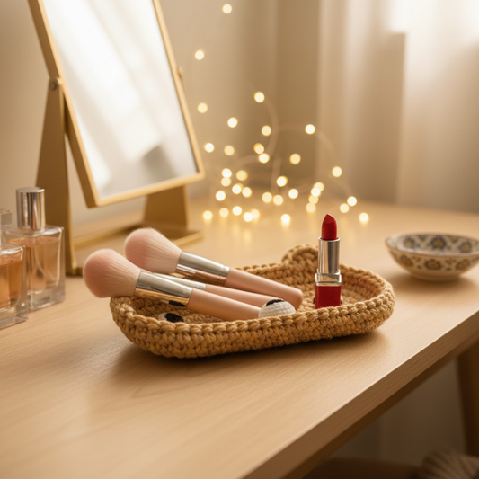 KNOTZIE Handmade Crochet Teddy Organizer Tray | Cute Desk and Vanity Storage | Handmade Decorative Organizer