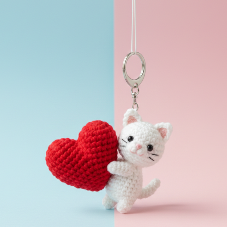 KNOTZIE Handmade Crochet Cat with Heart Keychain | Cute Valentine Gift | Bag Charm and Key Accessory