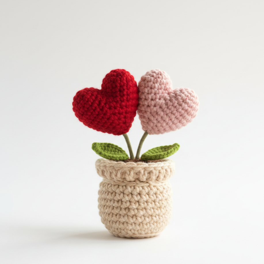 KNOTZIE Handmade Crochet Double Heart Flower Pot | Valentine Gift | Romantic Forever Flower Decor