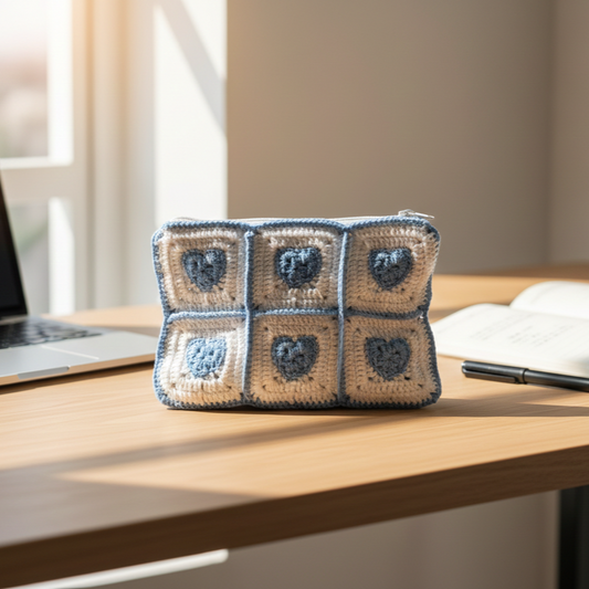 KNOTZIE Handmade Crochet Heart Zipper Pouch | Granny Square Makeup & Utility Bag | Cute Storage Pouch