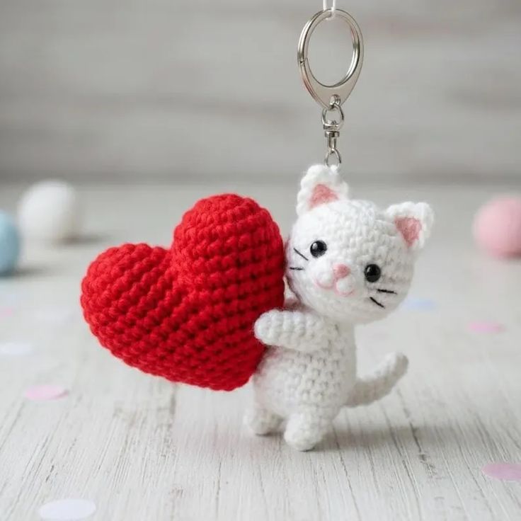KNOTZIE Handmade Crochet Cat with Heart Keychain | Cute Valentine Gift | Bag Charm and Key Accessory