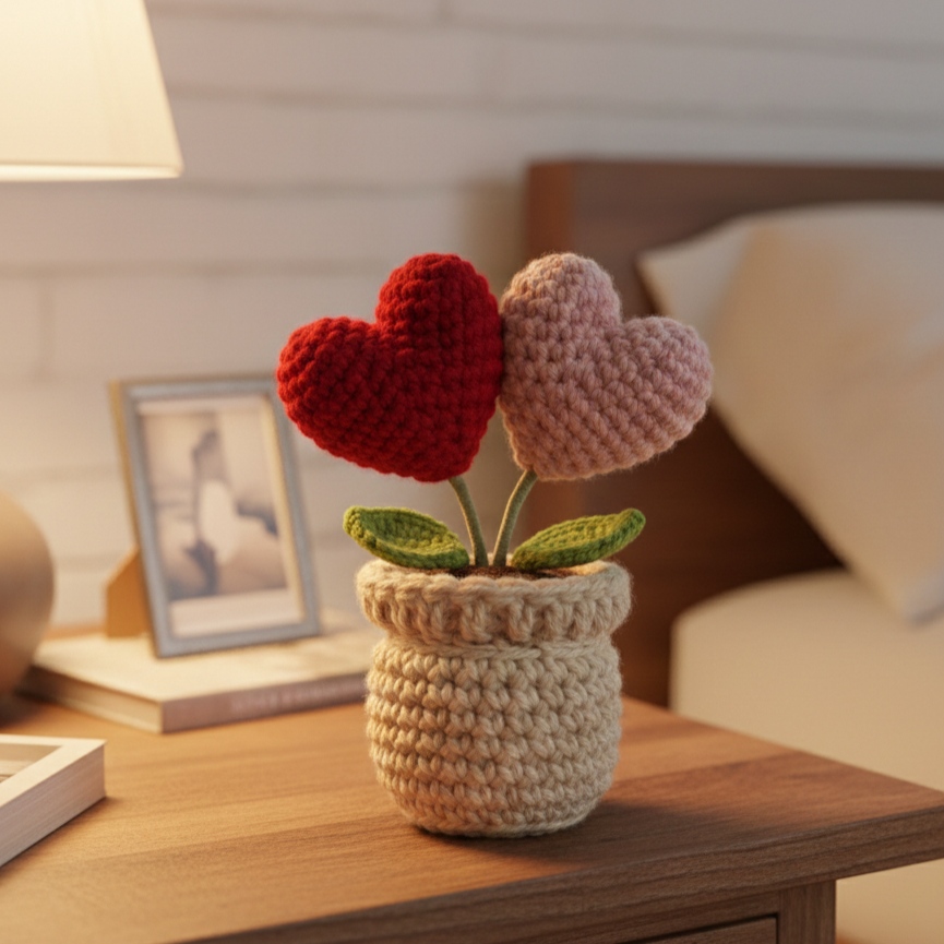 KNOTZIE Handmade Crochet Double Heart Flower Pot | Valentine Gift | Romantic Forever Flower Decor