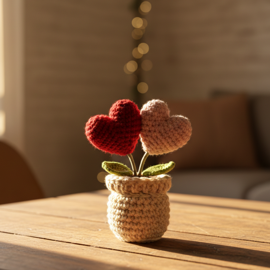 KNOTZIE Handmade Crochet Double Heart Flower Pot | Valentine Gift | Romantic Forever Flower Decor