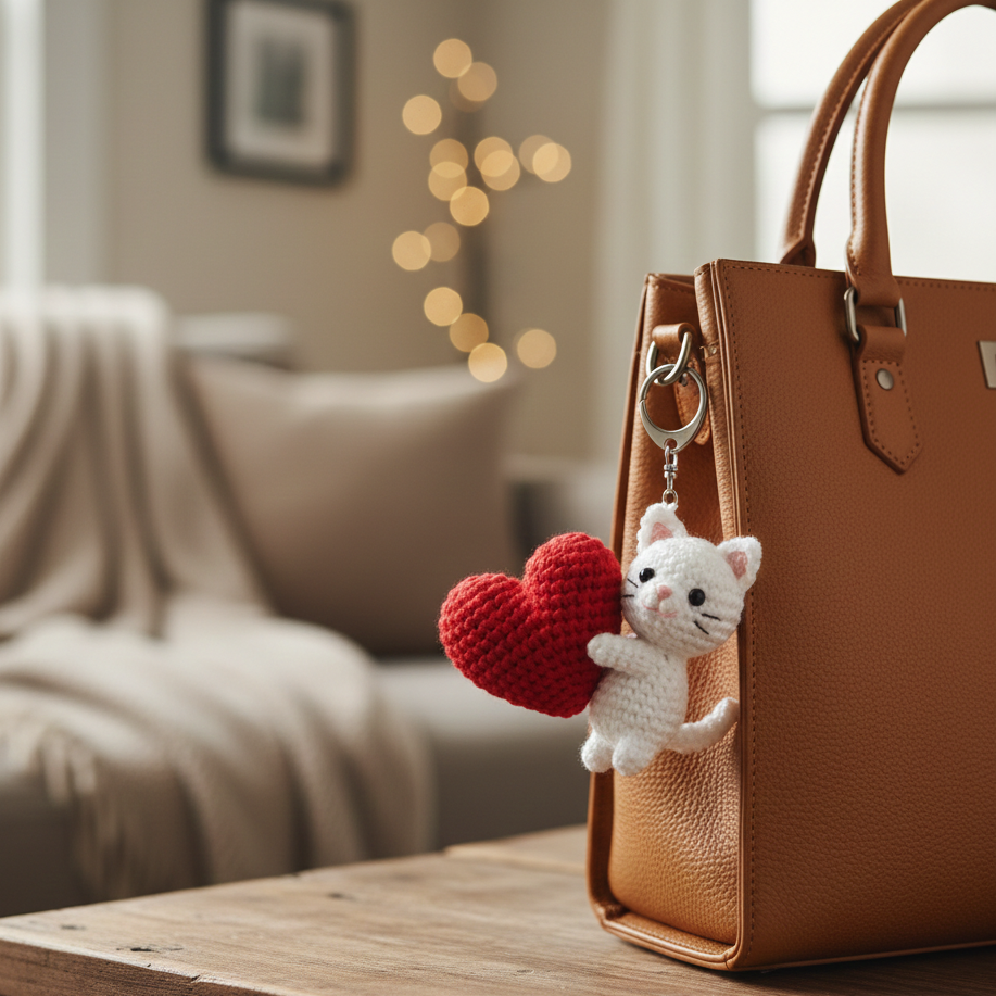 KNOTZIE Handmade Crochet Cat with Heart Keychain | Cute Valentine Gift | Bag Charm and Key Accessory