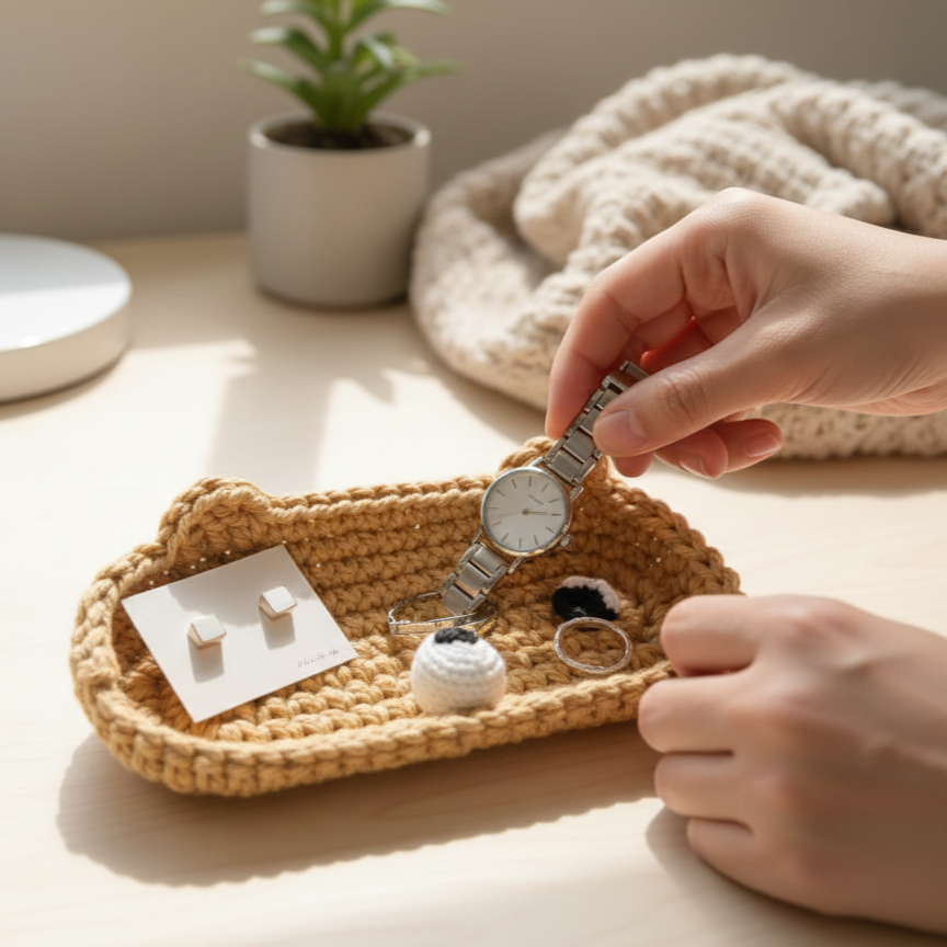 KNOTZIE Handmade Crochet Teddy Organizer Tray | Cute Desk and Vanity Storage | Handmade Decorative Organizer