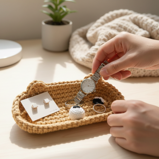 KNOTZIE Handmade Crochet Teddy Organizer Tray | Cute Desk and Vanity Storage | Handmade Decorative Organizer