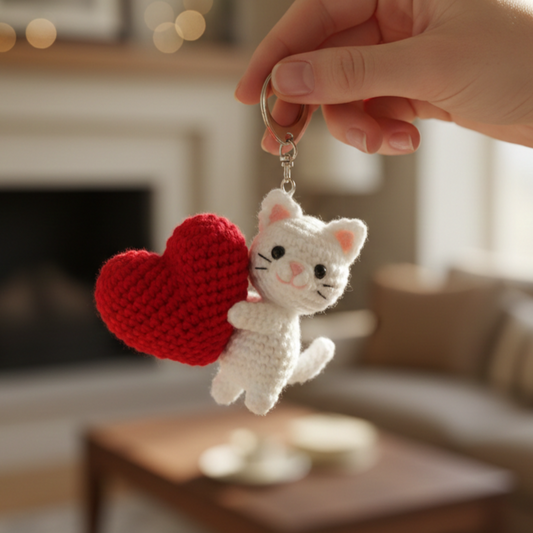 KNOTZIE Handmade Crochet Cat with Heart Keychain | Cute Valentine Gift | Bag Charm and Key Accessory