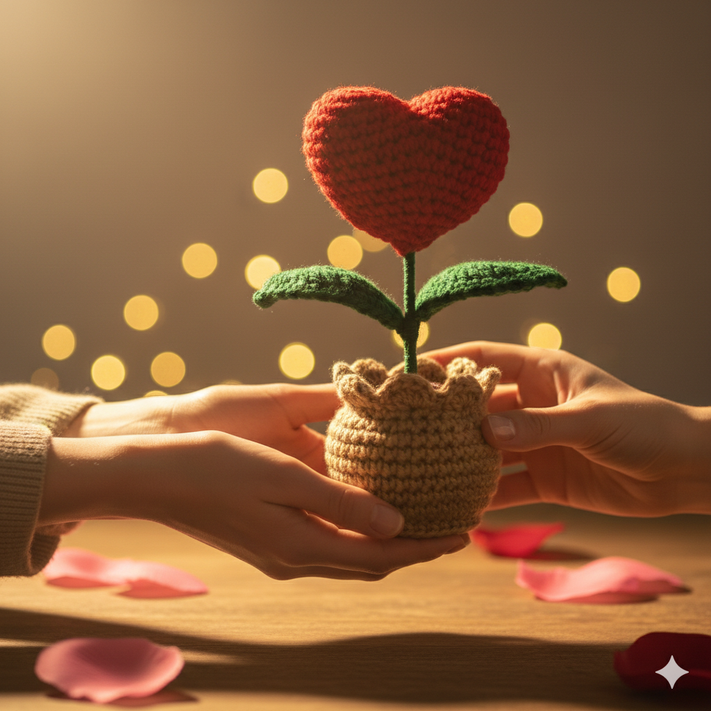 KNOTZIE Handmade Crochet Heart Flower Pot – Cute Valentine Gift