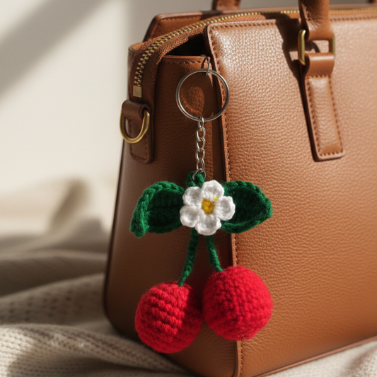 KNOTZIE Handmade Crochet Cherry Keychain | Cute Fruit Bag Charm | Gift Key Holder Accessory