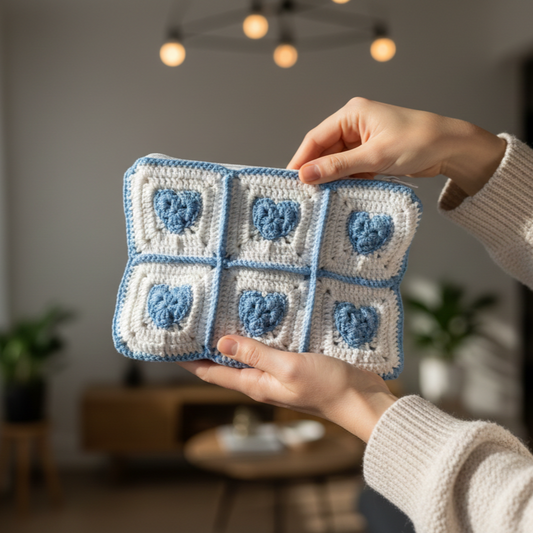 KNOTZIE Handmade Crochet Heart Zipper Pouch | Granny Square Makeup & Utility Bag | Cute Storage Pouch