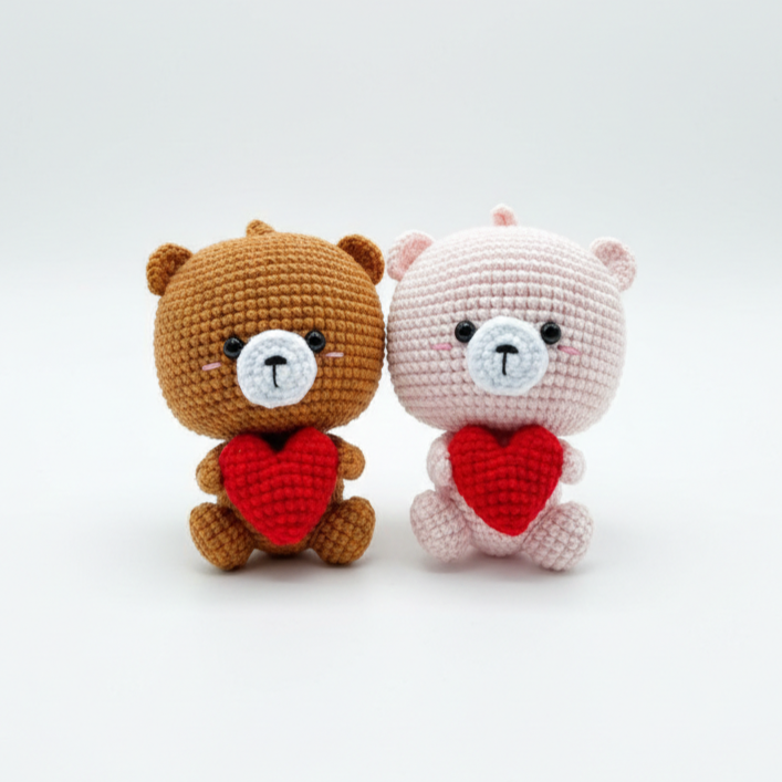 KNOTZIE Handmade Crochet Couple Teddy Bears with Heart | Valentine Gift | Cute Romantic Keepsake