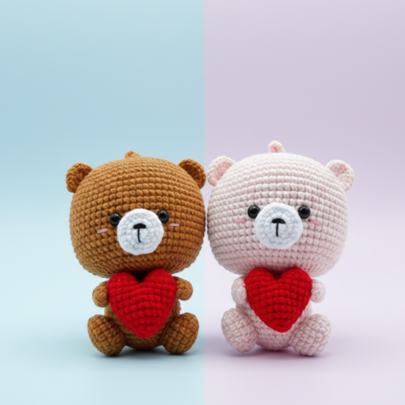 KNOTZIE Handmade Crochet Couple Teddy Bears with Heart | Valentine Gift | Cute Romantic Keepsake
