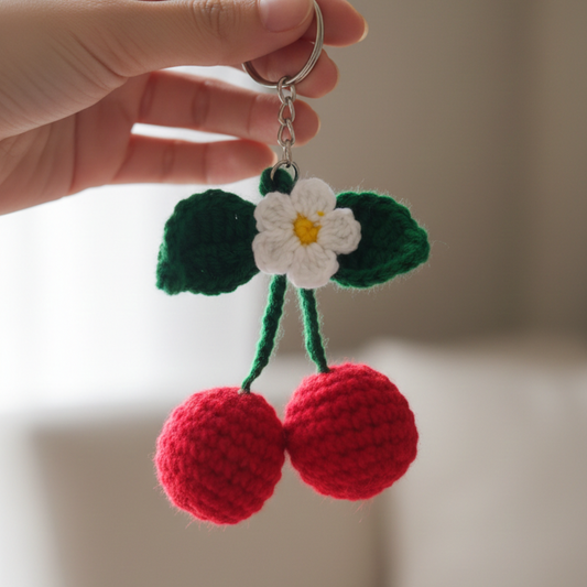KNOTZIE Handmade Crochet Cherry Keychain | Cute Fruit Bag Charm | Gift Key Holder Accessory
