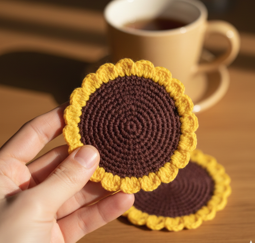 KNOTZIE Handmade Crochet Sunflower Tea and Coffee Coaster Set | Heat Resistant Table Mat | Cute Home and Kitchen Decor