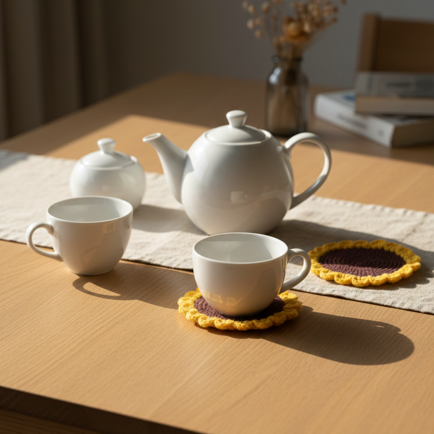 KNOTZIE Handmade Crochet Sunflower Tea and Coffee Coaster Set | Heat Resistant Table Mat | Cute Home and Kitchen Decor