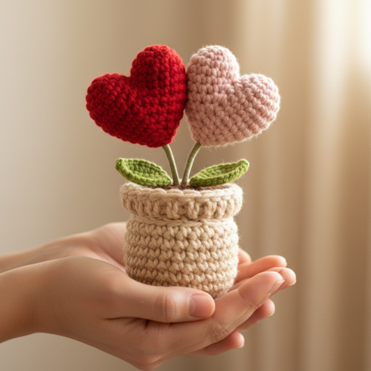 KNOTZIE Handmade Crochet Double Heart Flower Pot | Valentine Gift | Romantic Forever Flower Decor