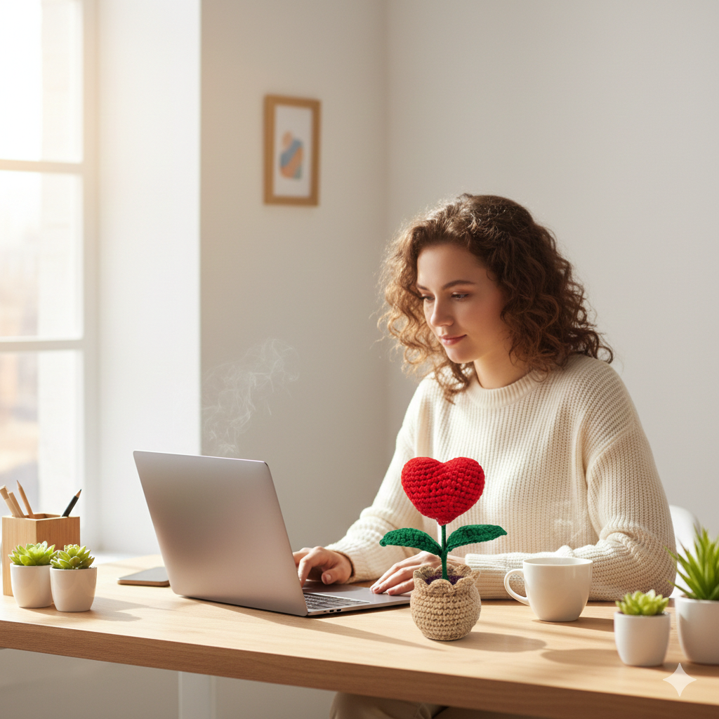 KNOTZIE Handmade Crochet Heart Flower Pot – Cute Valentine Gift
