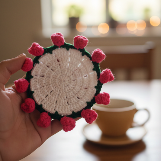 KNOTZIE Handmade Crochet Floral Coaster Set | Tea and Coffee Cup Mat | Rose Border Table Decor