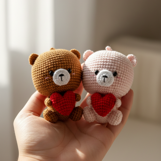 KNOTZIE Handmade Crochet Couple Teddy Bears with Heart | Valentine Gift | Cute Romantic Keepsake