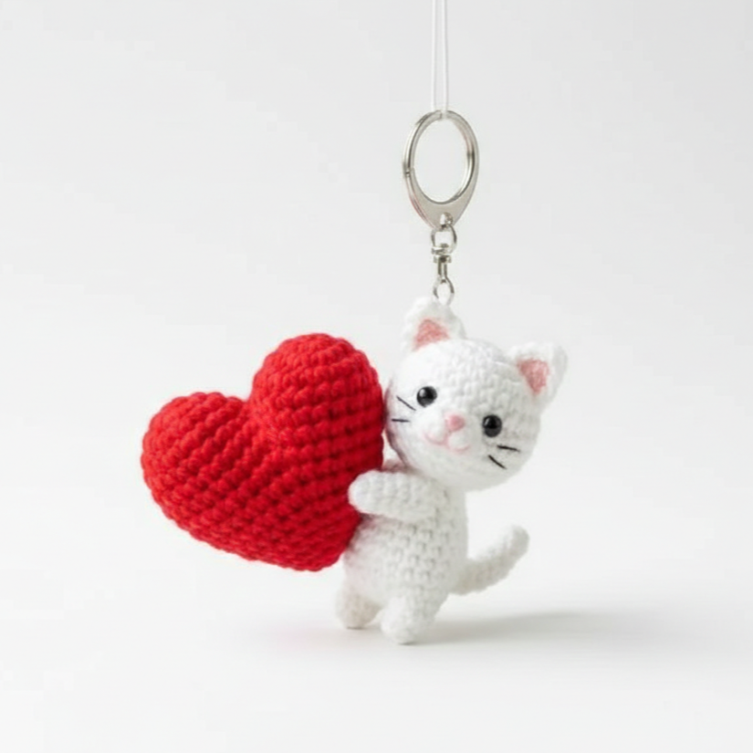 KNOTZIE Handmade Crochet Cat with Heart Keychain | Cute Valentine Gift | Bag Charm and Key Accessory