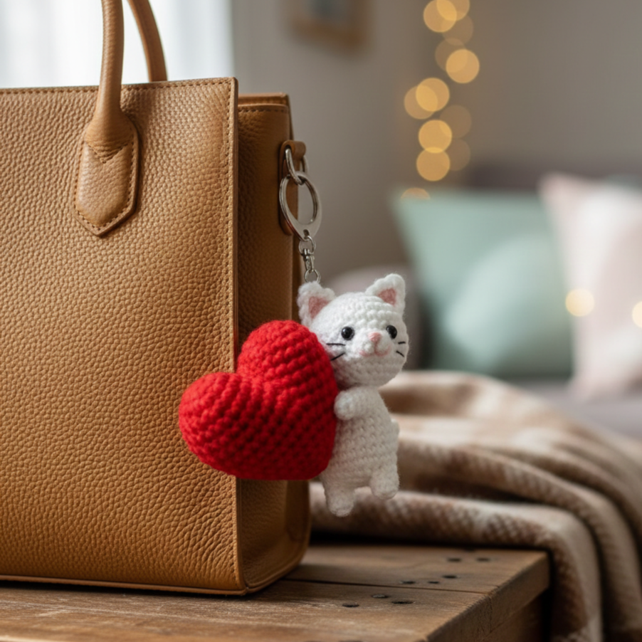 KNOTZIE Handmade Crochet Cat with Heart Keychain | Cute Valentine Gift | Bag Charm and Key Accessory