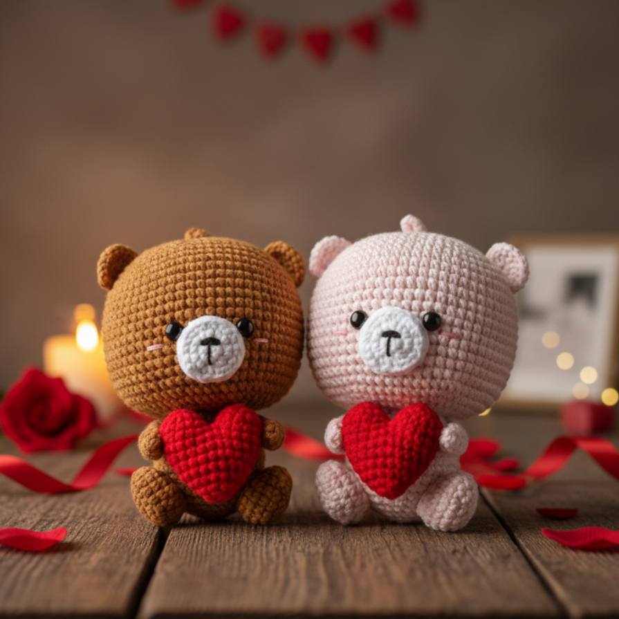 KNOTZIE Handmade Crochet Couple Teddy Bears with Heart | Valentine Gift | Cute Romantic Keepsake