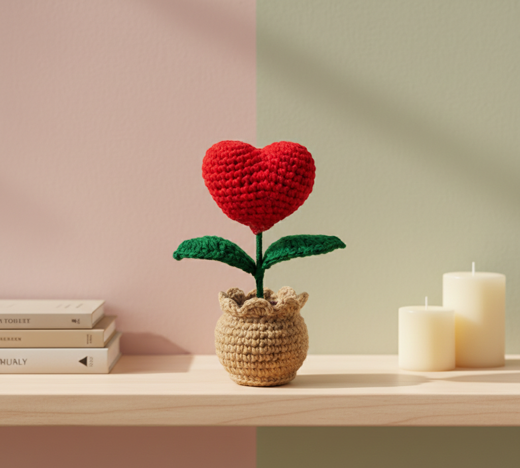 KNOTZIE Handmade Crochet Heart Flower Pot – Cute Valentine Gift