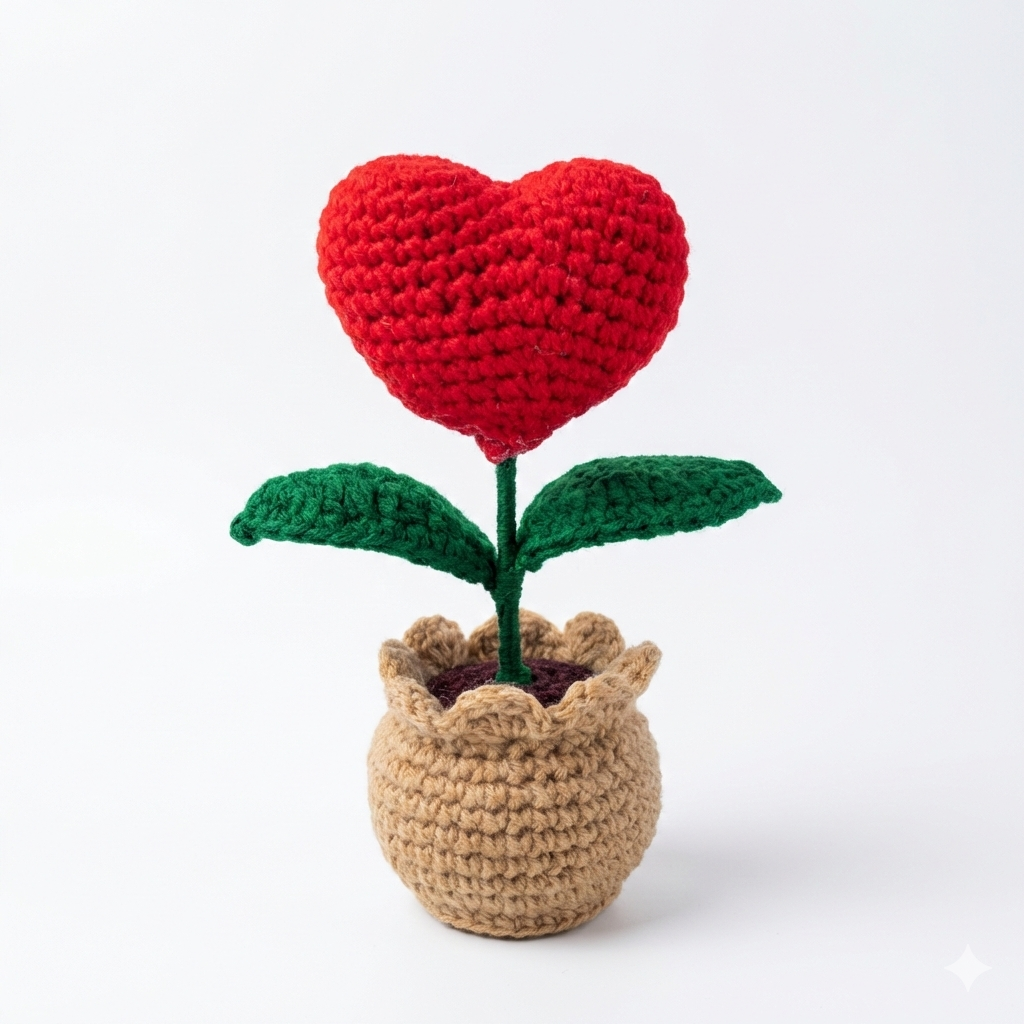 KNOTZIE Handmade Crochet Heart Flower Pot – Cute Valentine Gift