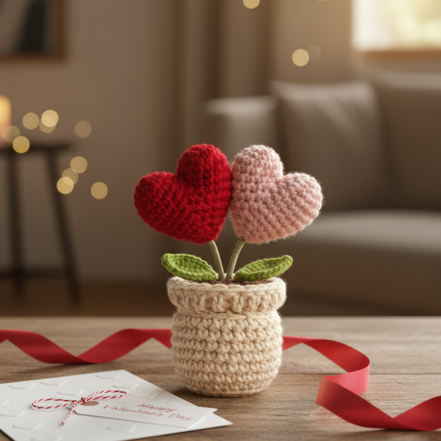 KNOTZIE Handmade Crochet Double Heart Flower Pot | Valentine Gift | Romantic Forever Flower Decor