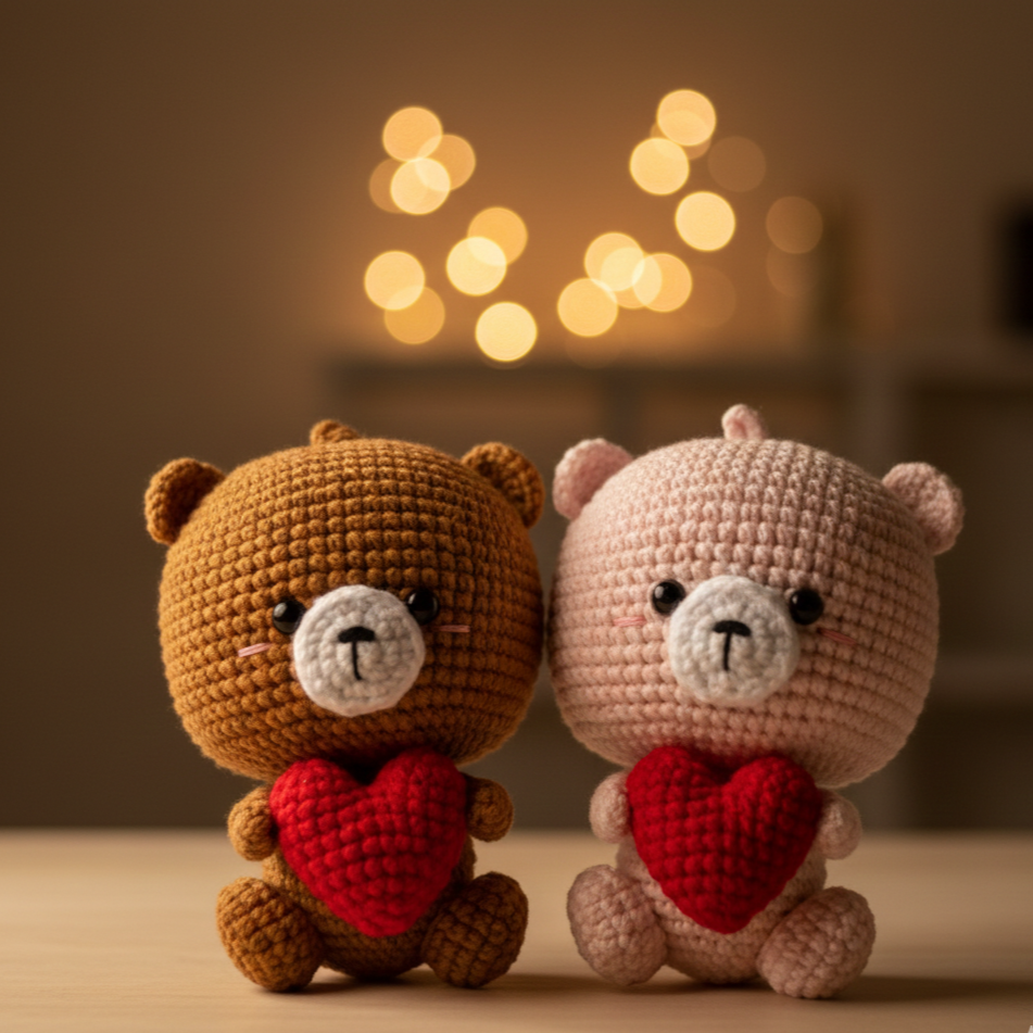 KNOTZIE Handmade Crochet Couple Teddy Bears with Heart | Valentine Gift | Cute Romantic Keepsake