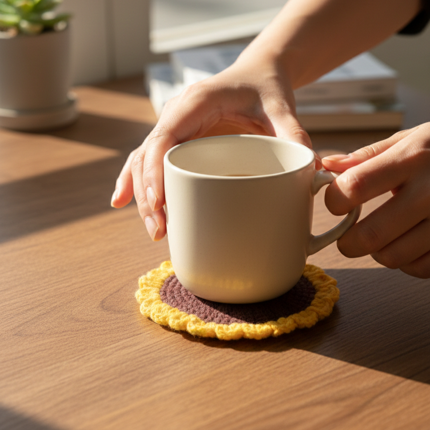KNOTZIE Handmade Crochet Sunflower Tea and Coffee Coaster Set | Heat Resistant Table Mat | Cute Home and Kitchen Decor