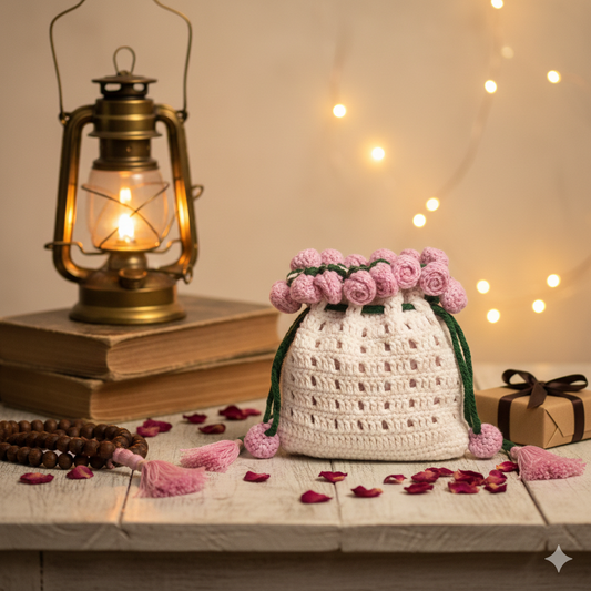 KNOTZIE Handmade Crochet Potli Bag | Drawstring Gift Pouch | Jewelry, Money and Festive Return Gift