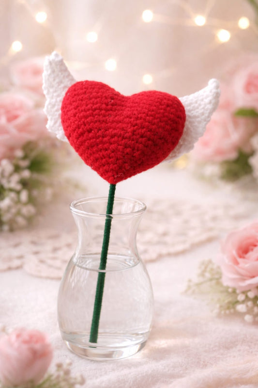 KNOTZIE Handmade Crochet Heart with Angel Wings | Forever Love Flower | Valentine & Anniversary Gift | Eco-Friendly